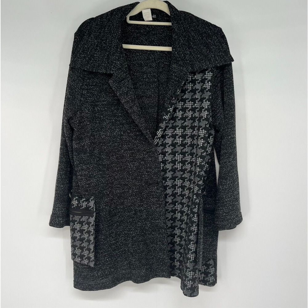 Moonlight Houndstooth Blazer Cardigan Womens L Black Fleece Sweater 8563 USA
